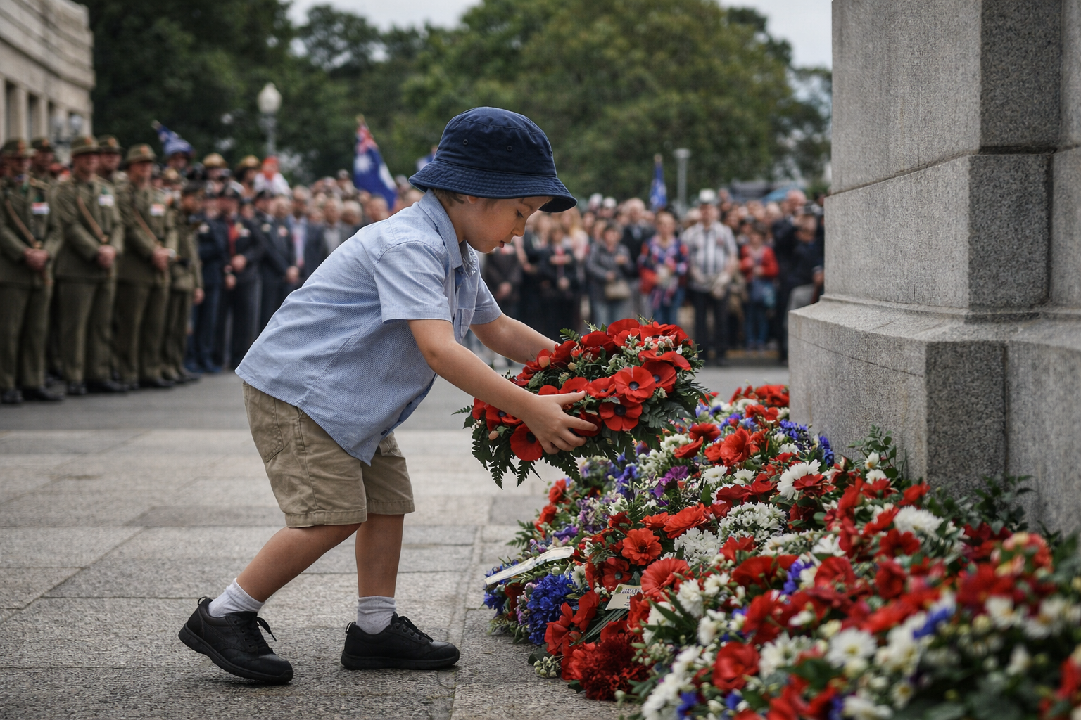 A young boy places a flower wreath at the base of a cenotaph